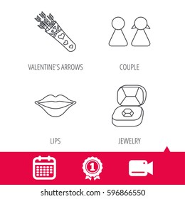 Achievement And Video Cam Signs. Couple, Kiss Lips And Jewelry Icons. Valentine Amour Arrows Linear Sign. Calendar Icon. 