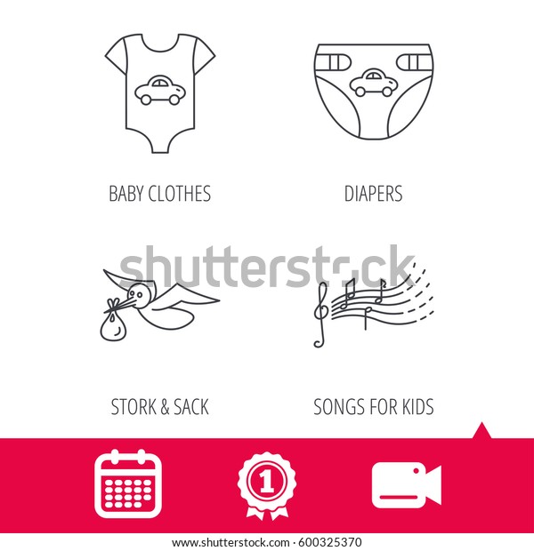 Achievement and video cam signs. Diapers, newborn\
clothes and songs for kids icons. Stork with sack linear sign.\
Calendar icon.\
