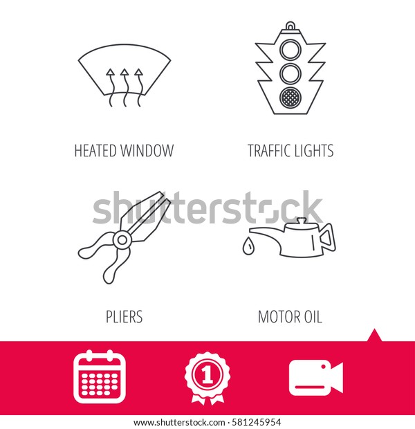 Achievement and video cam signs. Motor oil change,\
traffic lights and pliers icons. Heated window linear sign.\
Calendar icon.\
