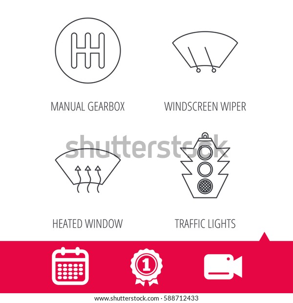 Achievement and video cam\
signs. Traffic lights, manual gearbox and wiper icons. Heated\
window, manual transmission linear signs. Washing window icon.\
Calendar icon.\
