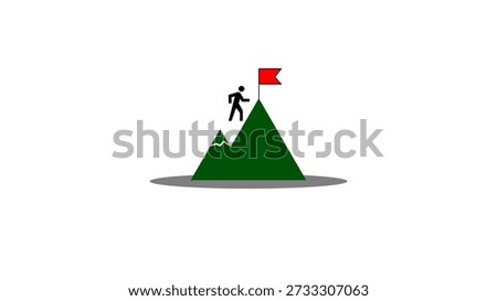 Achieving goals conceptually depicted by a stick figure climbing a mountain to reach the red flag on the summit and succeed