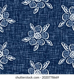 Acid Wash Blue Jean Effect Texture With Decorative Linen Floral Motif Background. Seamless Denim Textile Fashion Cloth Fabric All Over Print.