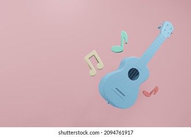 Acoustic classic guitar with music note on pink background. Blue cartoon guitar with copy space. 3D rendering image.