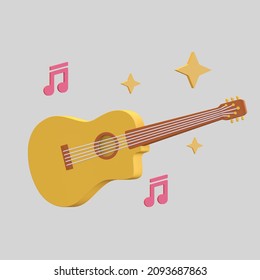 Acoustic Guitar Icon With Music Note Symbol Entertainment 3d Render Illustration