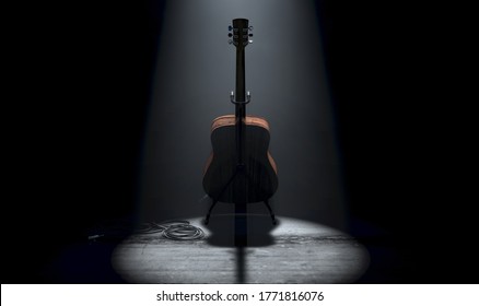 An acoustic guitar resting on a stand on a music concert stage lit by a single dramatic spotlight on a dark background - 3D render - Powered by Shutterstock