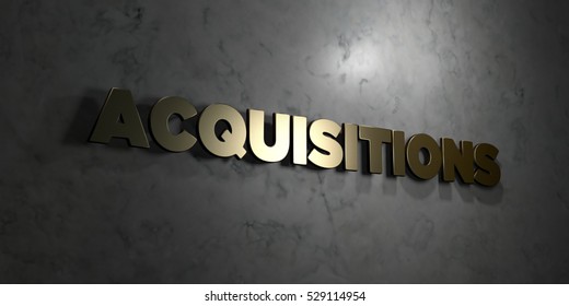 Acquisitions - Gold Text On Black Background - 3D Rendered Royalty Free Stock Picture. This Image Can Be Used For An Online Website Banner Ad Or A Print Postcard.