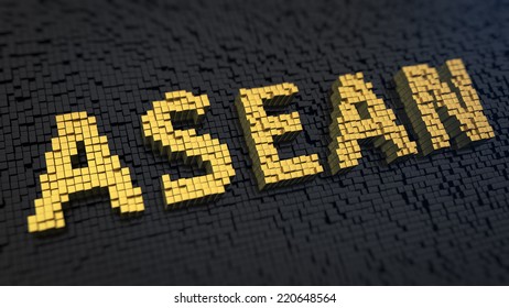 Acronym 'ASEAN' of the yellow square pixels on a black matrix background. International ecenomic concept.