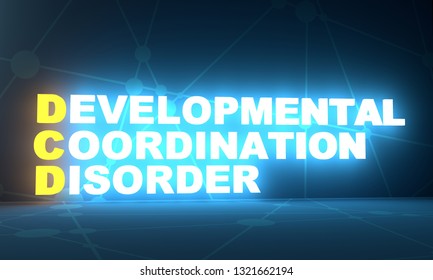 Acronym DCD - Developmental Coordination Disorder. Helthcare Conceptual Image. 3D Rendering. Neon Bulb Illumination