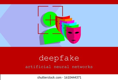 Acronym Deepfake, Deep Fake And False, Profound Learning. Replacing Images Using Artificial Neural Networks. User Icon Illustration With Various Masks. Button On Elegant Blue Background. Vanguard.