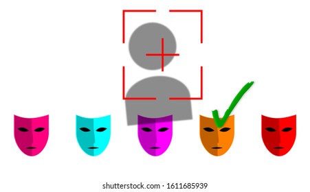 Acronym Deepfake, Deep Fake And False, Profound Learning. Replacing Images Using Artificial Neural Networks. User Icon Illustration With Various Masks. Check Mark On Options. Graph In White Background