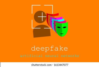 Acronym Deepfake, Deep Fake And False, Profound Learning. Replacing Images Using Artificial Neural Networks. User Icon Illustration With Various Masks. Button On Elegant Orange Background. Vanguard.