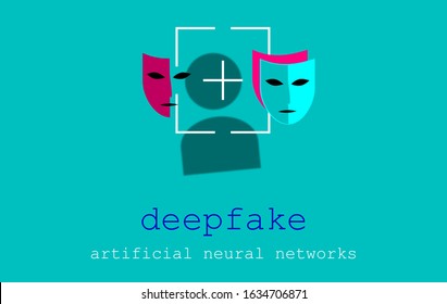 Acronym Deepfake, Deep Fake And False, Profound Learning. Replacing Images Using Artificial Neural Networks. User Icon Illustration With Various Masks. Button On Elegant Greenish Blue Background.