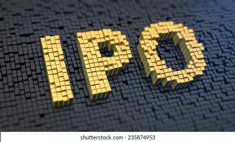 Acronym 'IPO' of the yellow square pixels on a black matrix background. First stock issue concept.