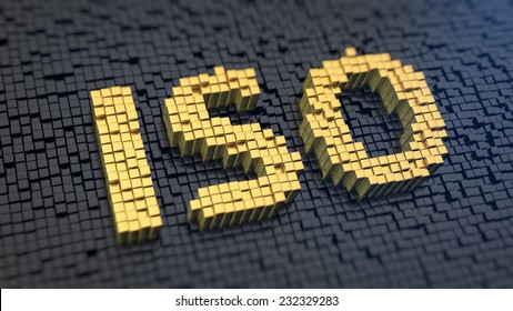 Acronym 'ISO' of the yellow square pixels on a black matrix background. Industry standards or light sensitivity concept.