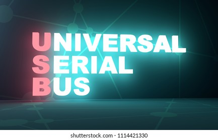 Acronym USB - Universal Serial Bus. Technology Conceptual Image. 3D Rendering. Neon Bulb Illumination