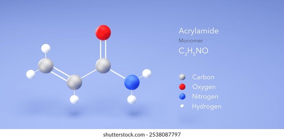 acrylamide molecule, molecular structure, monomer, 3d model, Structural Chemical Formula and Atoms with Color Coding