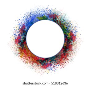 Acrylic colors blots with drops. Circle frame. Abstract background. Isolated on white.
