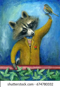 Acrylic cute raccoon with bird and ivy on blue background 
