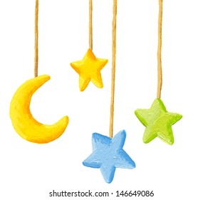 Acrylic Illustration Of Baby Crib Hanging Mobile Toy - Moon And Stars