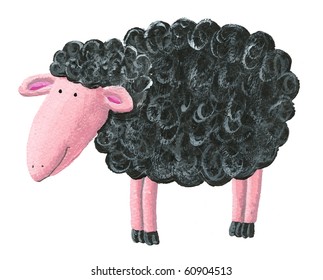 Acrylic Illustration Of Cute Black Sheep