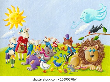 Acrylic illustration of the happy and funny animals from Aesop's fables