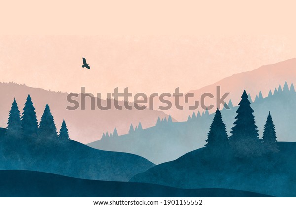 Acrylic\
illustration of mountains with a soaring eagle. Watercolor grunge\
drawing of a mountain landscape with a\
bird.