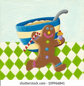 Acrylic Illustration Of Running Gingerbread Man