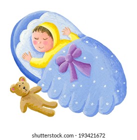 Acrylic illustration of sweet baby sleeping with teddy bear  - Powered by Shutterstock