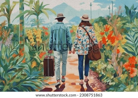 acrylic painting, Asian couple with backpack going traveling with airplane and world map background, popular trip tour.