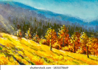 Acrylic Painting Birch Forest In Sunny Afternoon While Autumn Season. Bright Autumn Landscape Modern Artwork