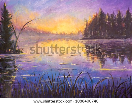 Acrylic painting Blue violet purple Morning on the river. Sunrise on the water. Sunset over the river. Reflection in water. Rural landscape art illustration impressionism artwork. Oil painting