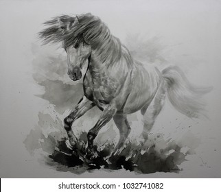 Acrylic painting of Horse on canvas, Draw animals, Beautiful portrait, realistic, traditional hand drawn