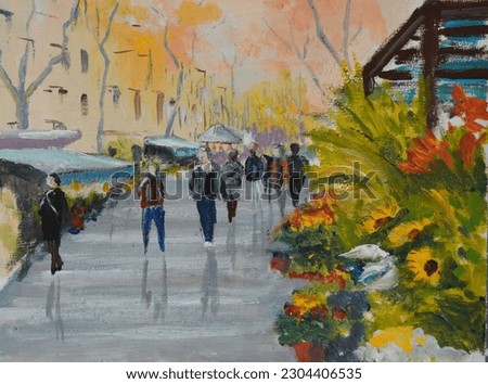 Acrylic painting of a landscape of the Ramblas in Barcelona, ​​Spain
