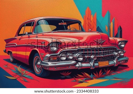 acrylic painting, Old rusty car in detail., Modern art paintings brush stroke on canvas. floral for background.