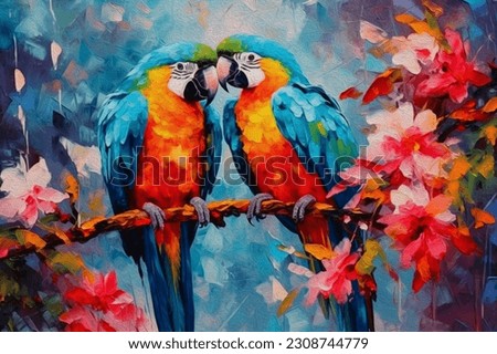 acrylic painting, on paper colorful of Macaw bird couple bird on a branch.