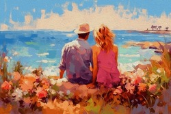 Acrylic Painting, Showing Couple In Love Sitting On The Beach And Looking At Ocean. Modern Art Painting Brush Stroke On Canvas. Floral For Background.