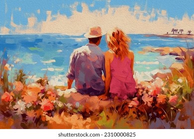 Acrylic painting, showing couple in love sitting on the beach and looking at ocean. Modern art painting brush stroke on canvas. floral for background. - Powered by Shutterstock