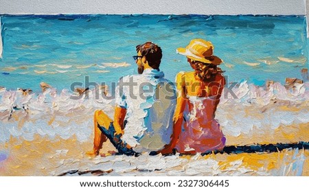 Acrylic painting, showing couple in love sitting on the beach and looking at ocean. Modern art painting brush stroke on canvas