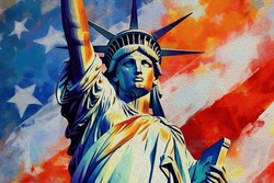 Acrylic Painting, Statue Liberty On Flag American- Hand Drawn In White Background. Painting Of Symbol Famous Landmark Of World. Hand Painted Illustration. 