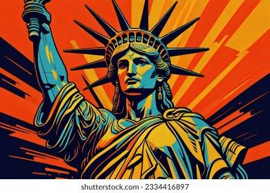 Acrylic painting, Statue Liberty on flag american- hand drawn in white background. painting of symbol famous landmark of world. Hand painted illustration.