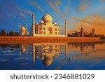 Acrylic painting, The Taj Mahal is an ivory-white marble mausoleum on the south bank of the Yamuna river in the Indian city of Agra. 