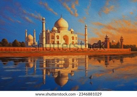Acrylic painting, The Taj Mahal is an ivory-white marble mausoleum on the south bank of the Yamuna river in the Indian city of Agra. 