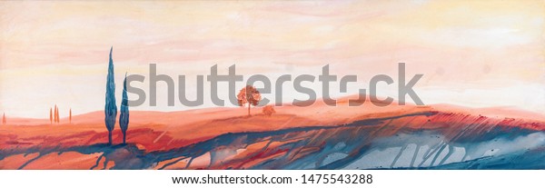 Acrylic yellow, orange, blue colored colorful Tuscan trees and cypresses 