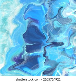 Acrylic Pouring Blue Turquoise Swirl Texture, Teal Marble Background 