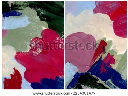 Acrylic and watercolor abstract Christmas texture of magenta, blue, beige, black and red strokes. Hand painted pastel illustration. For design, print, fabric or background.