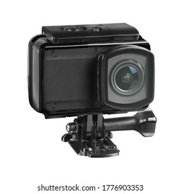 Action Camera Isolated On White Background. Black Modern Action-Cam Front View. Waterproof High-End 4K Digital Camera With Touch Screen. Rugged Video & Photo Camera Front Side View. 3D Rendering