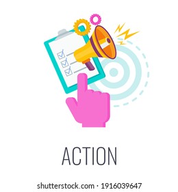 Action Icon. Call To Action, CTA. Report With Chart, Rocket Flies Out Of The Box. Outbound Marketing. Traditional Advertising And Promotion. Flat Illustration.