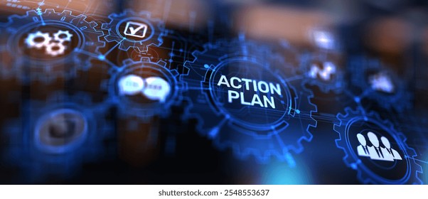 Action plan business strategy development concept on virtual screen.