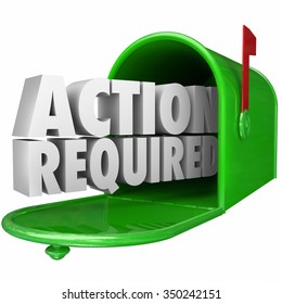 Action Required 3d Words In Green Metal Mailbox To Illustrate An Important Or Urgent Message, Letter, Document, Late, Notice, Bill Or Invoice