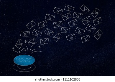 Activate Your Online Success Conceptual Illustration: Social Media Success Button With Group Of Emails Flying Out Of It